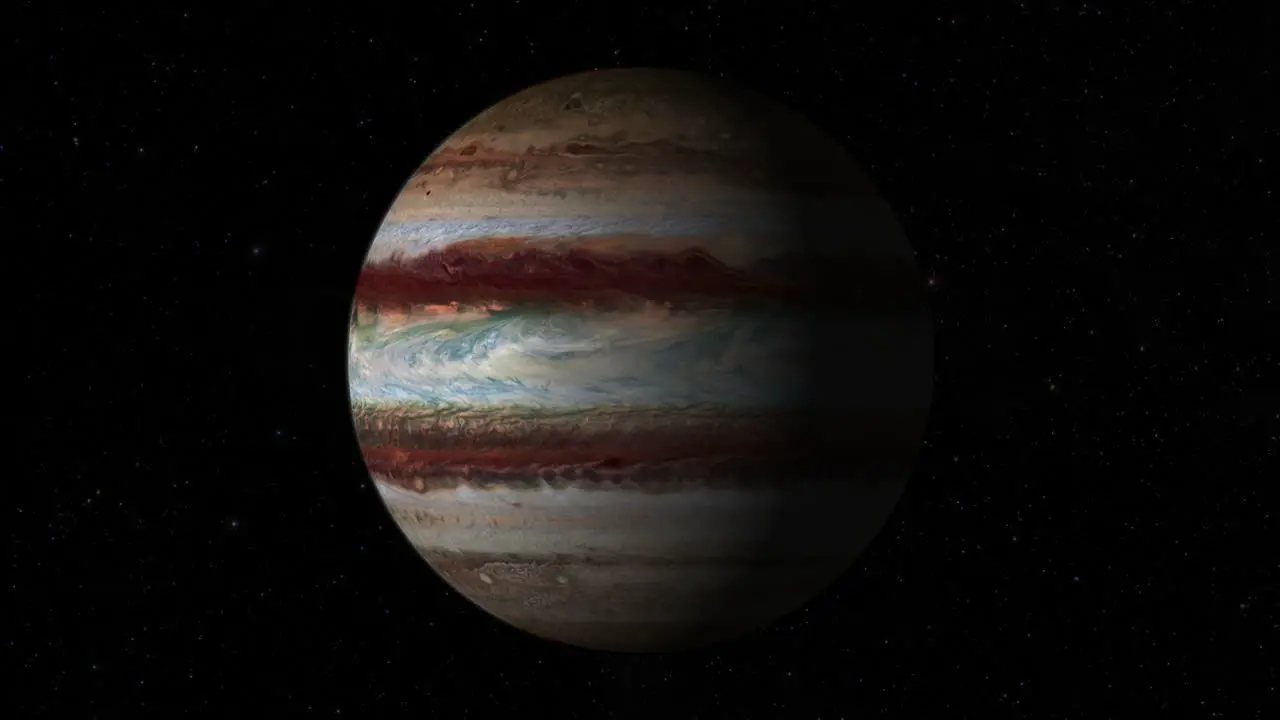 CGI composite zooming in to planet Jupiter rotating half lit with a starry background