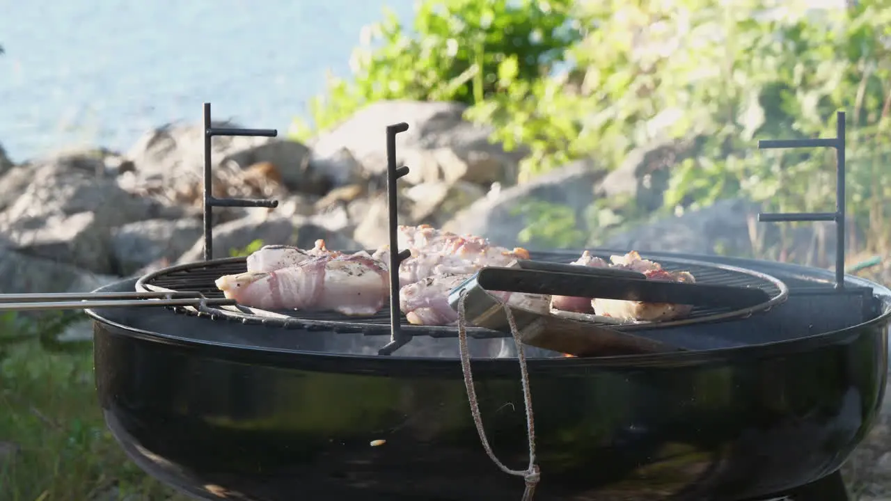 Skewers cooking on barbecue grill at waterside