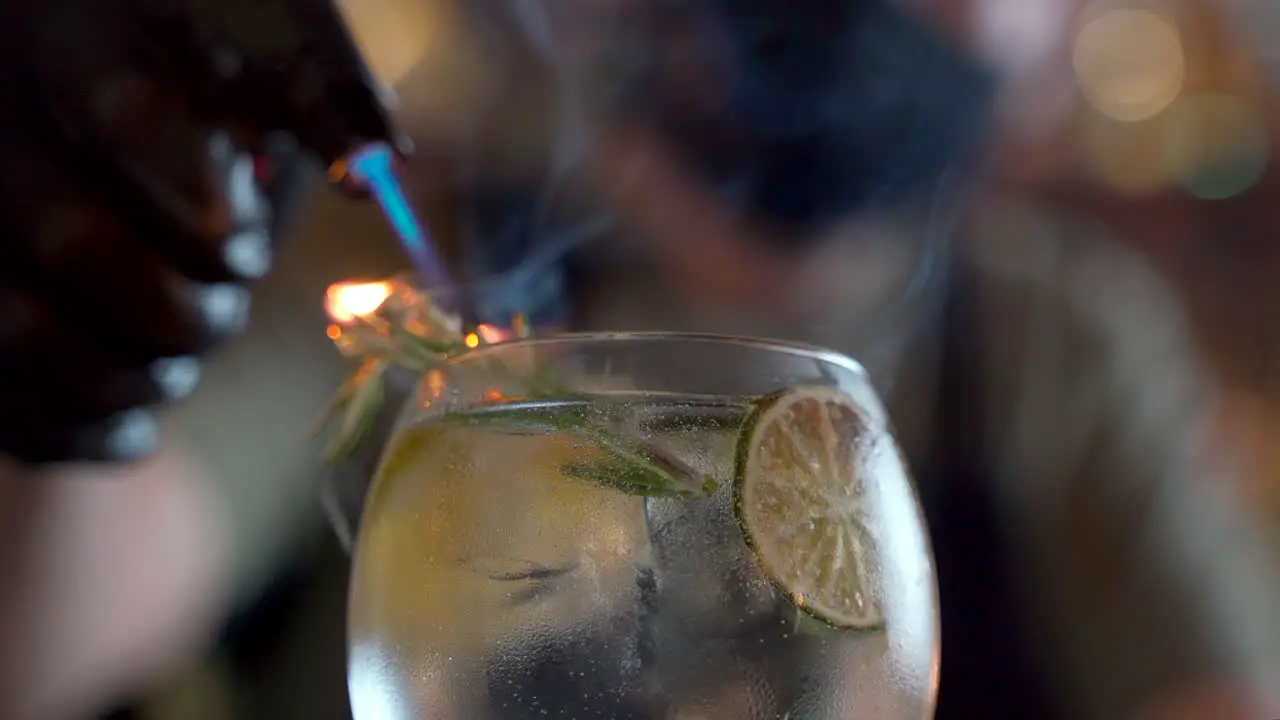 bartender close up flaming rosemary citrus vodka tonic cocktail flame