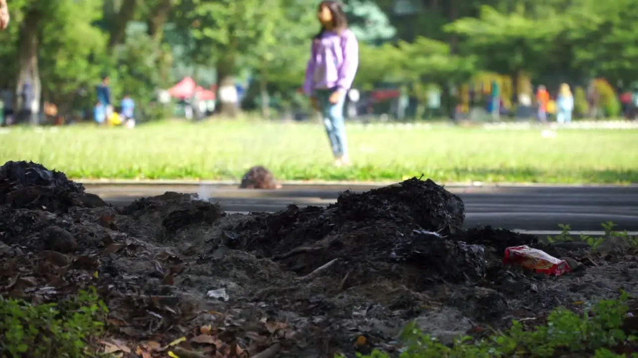 Garbage burning on the edge of a city park with children playing in the background