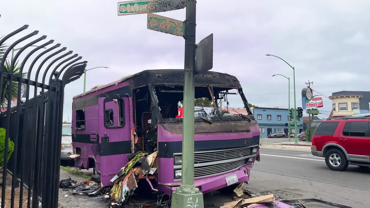 Burned Abandoned Vehicle With Garbage In The Street In Oakland California