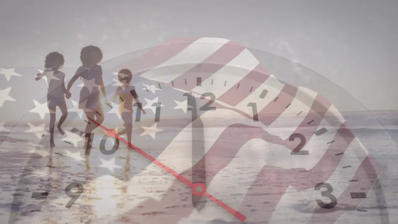 Animation of flag of america and clock over african american mother and children walking on beach