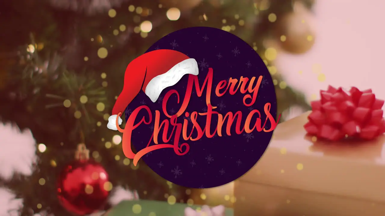 Animation of santa hat and merry christmas text in circle over decorated christmas tree