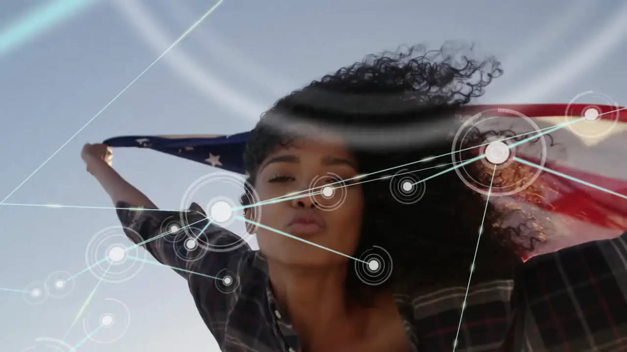 Animation of network of connections with icons over biracial woman with flag of usa by sea