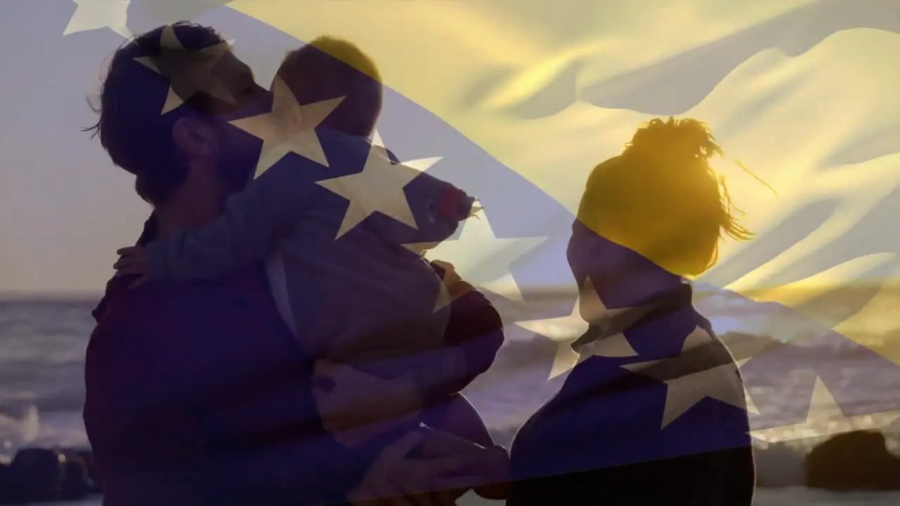 Animation of bosnian flag over happy caucasian parents and child on sunny beach