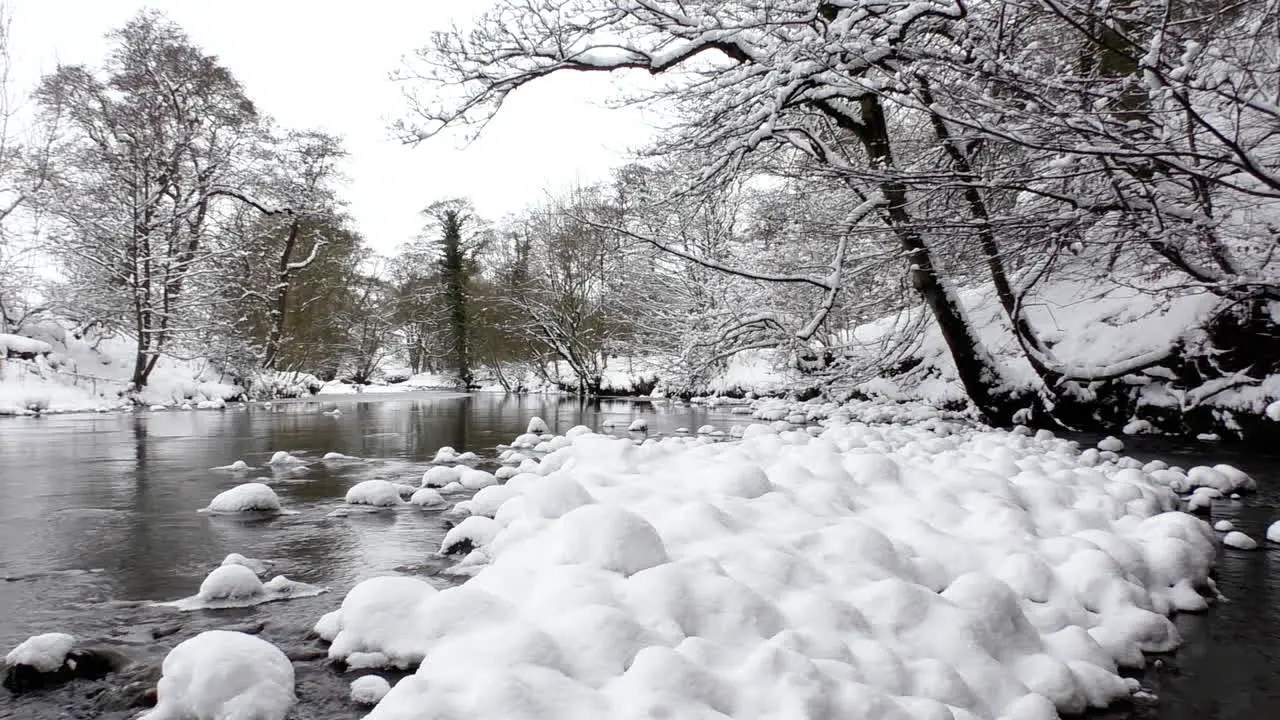 Looking upstream a river with snow covered rocks and trees