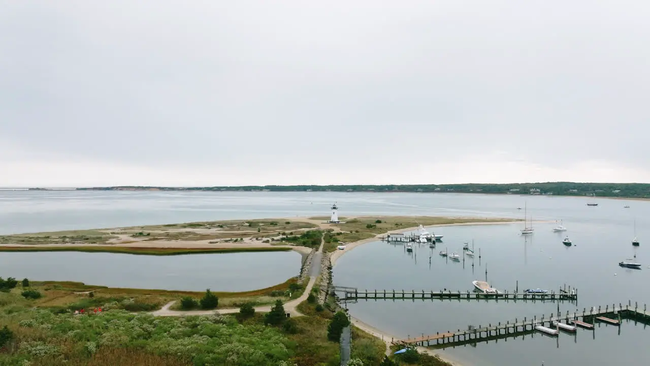 Aerial drone approaching Edgartown Lighthouse Martha's Vineyard over path