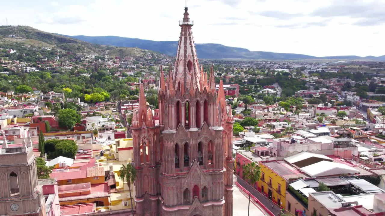 Drone orbiting over parish in San Miguel de Allende Mexico