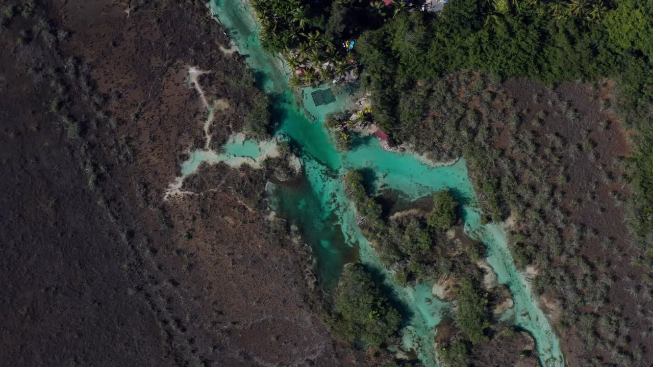 Birds eye view of a river in Bacalar Mexico rotating top down shot