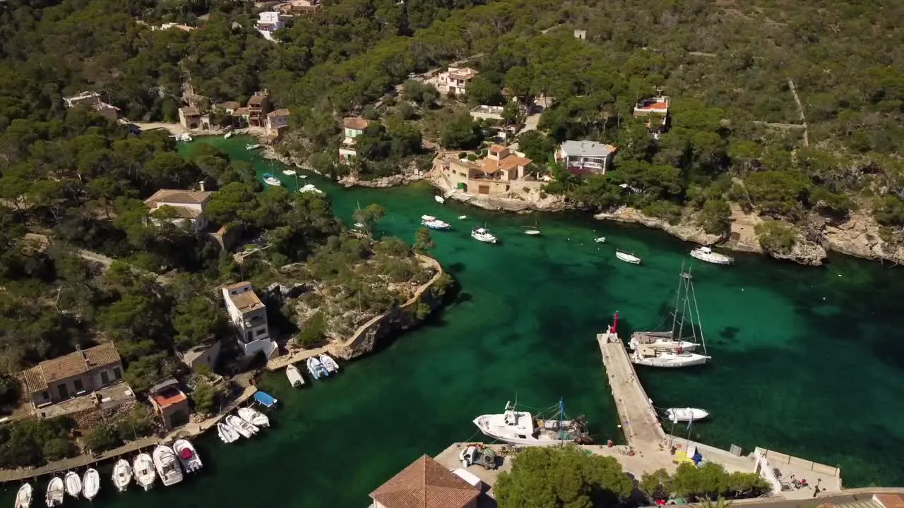 Drone Shot from small fish port Mallorca Figuera