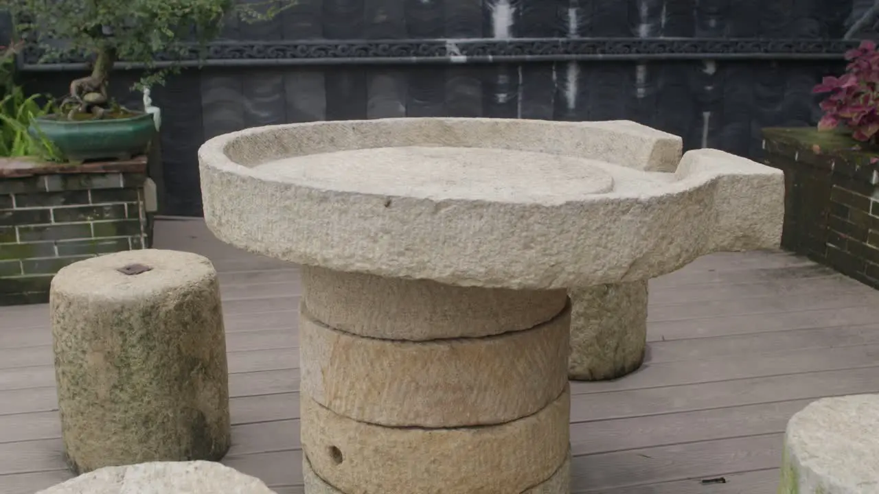 Stylized stone table and stone seats in an Asian style garden