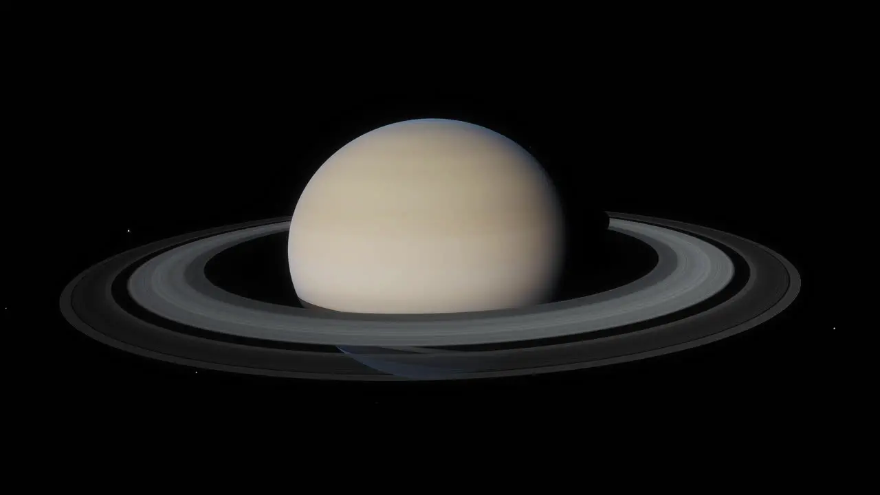 The planet Saturn and it's rings seen from high in orbit deep in space around a gas giant in our solar system from the perspective of a satellite or telescope