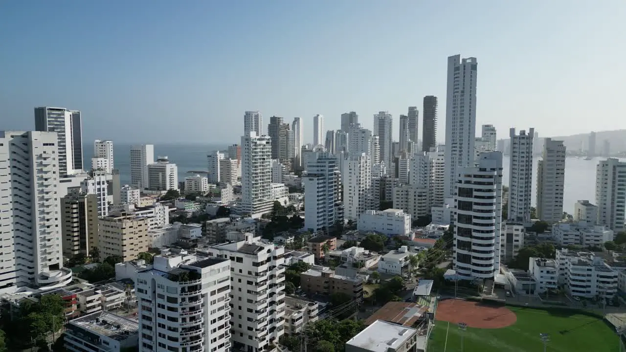 Breathtaking drone shot of the downtown Cartagena Colombia skyline