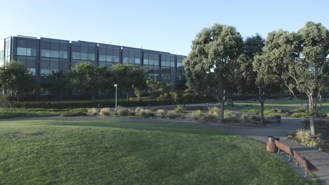 Business center for corporate employees and guests enjoy the park outside in the early sunrise morning