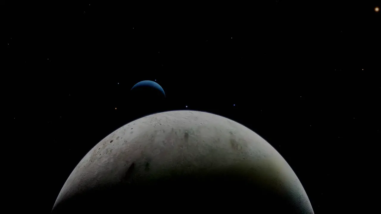 Orbiting the gas giant Neptune above one of it's many moons