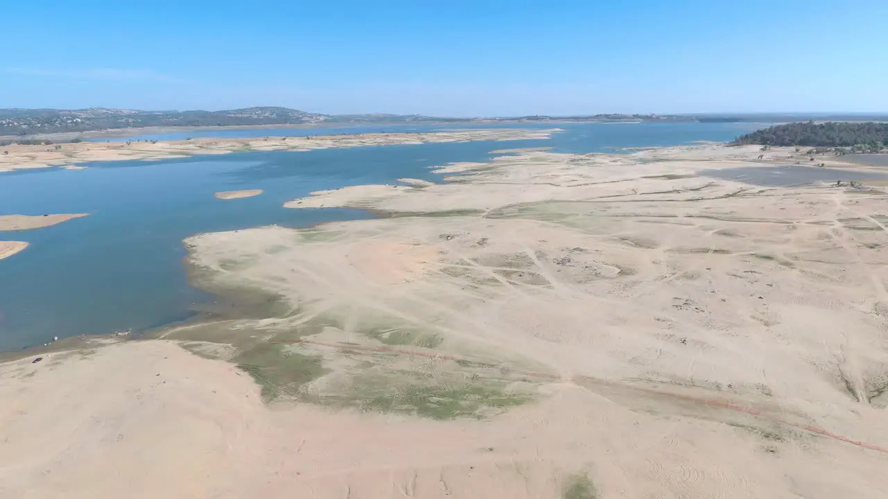 Folsom Lake Drought Wide Aerial Fly Over Sandy Dry Bed 2021