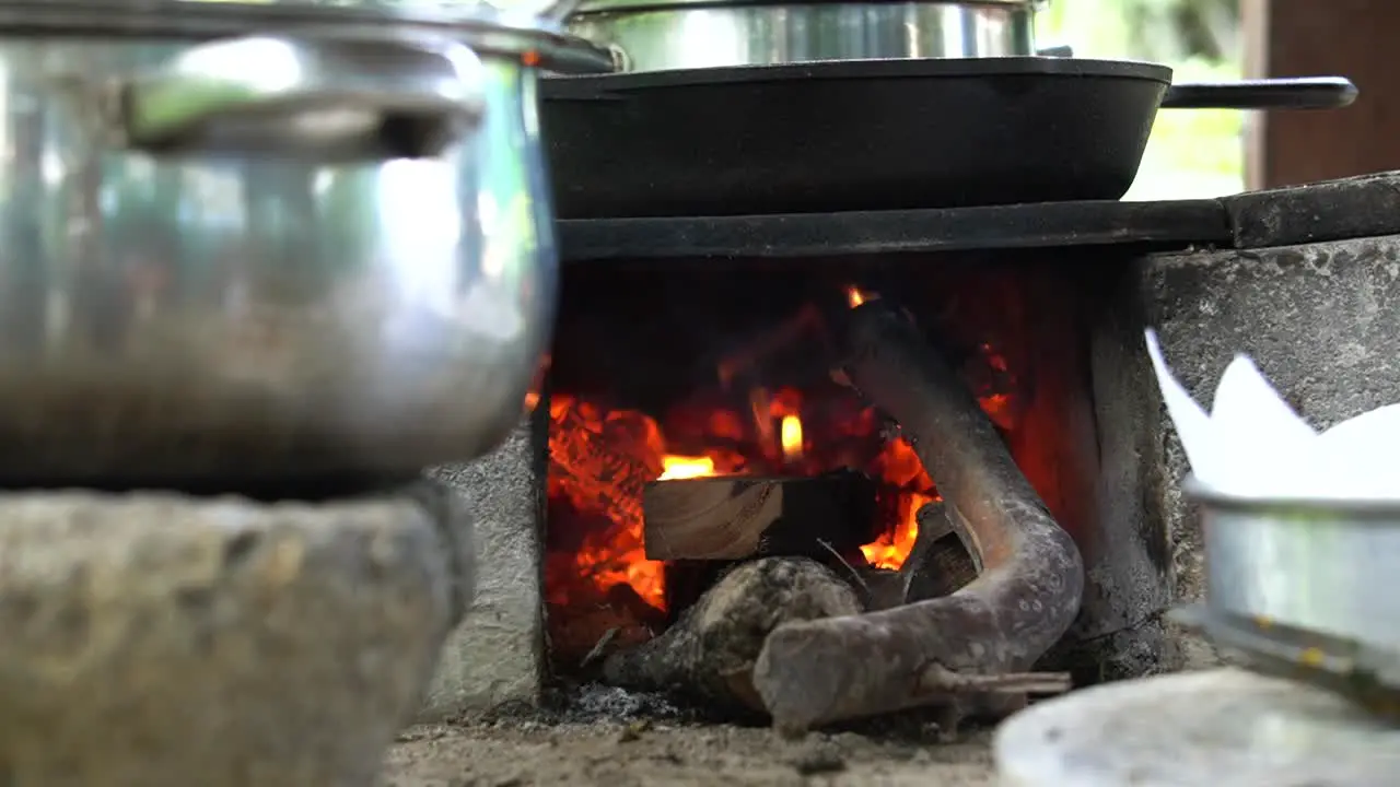 Cooking with a pot over fire from logs