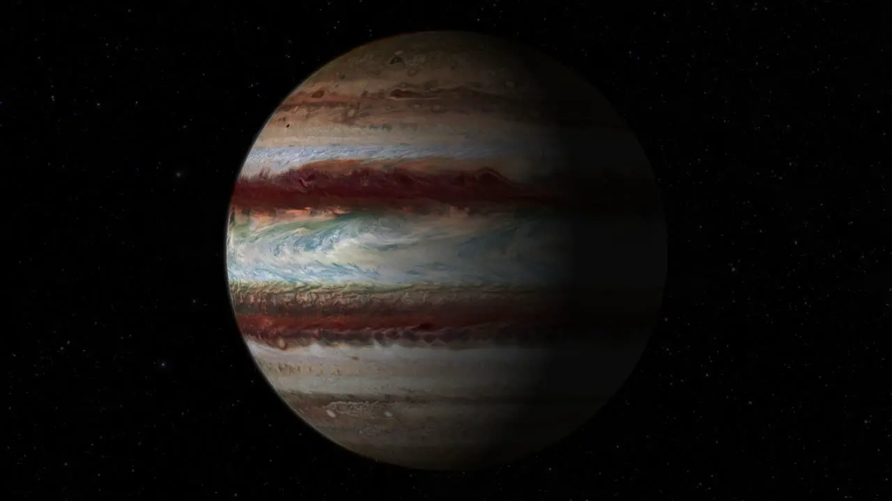 CGI composite planet Jupiter rotating center-medium shot half lit with a starry background