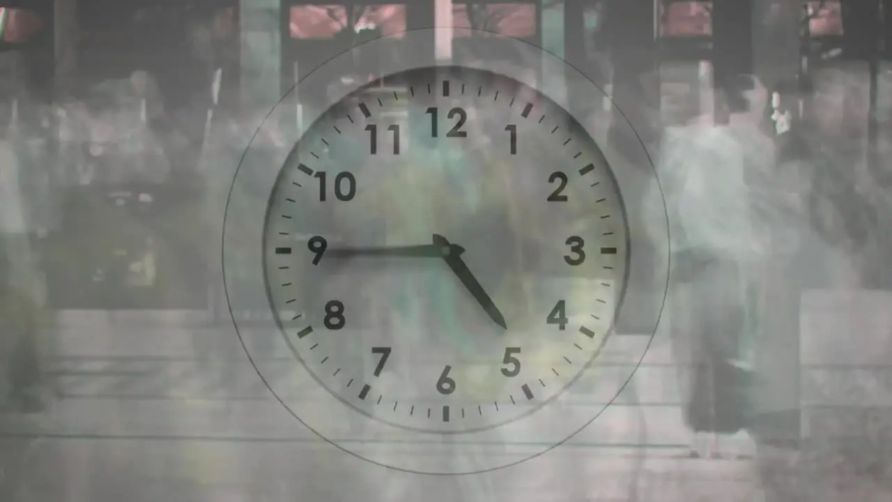 Animation of clock over time-lapse of people walking on street of city