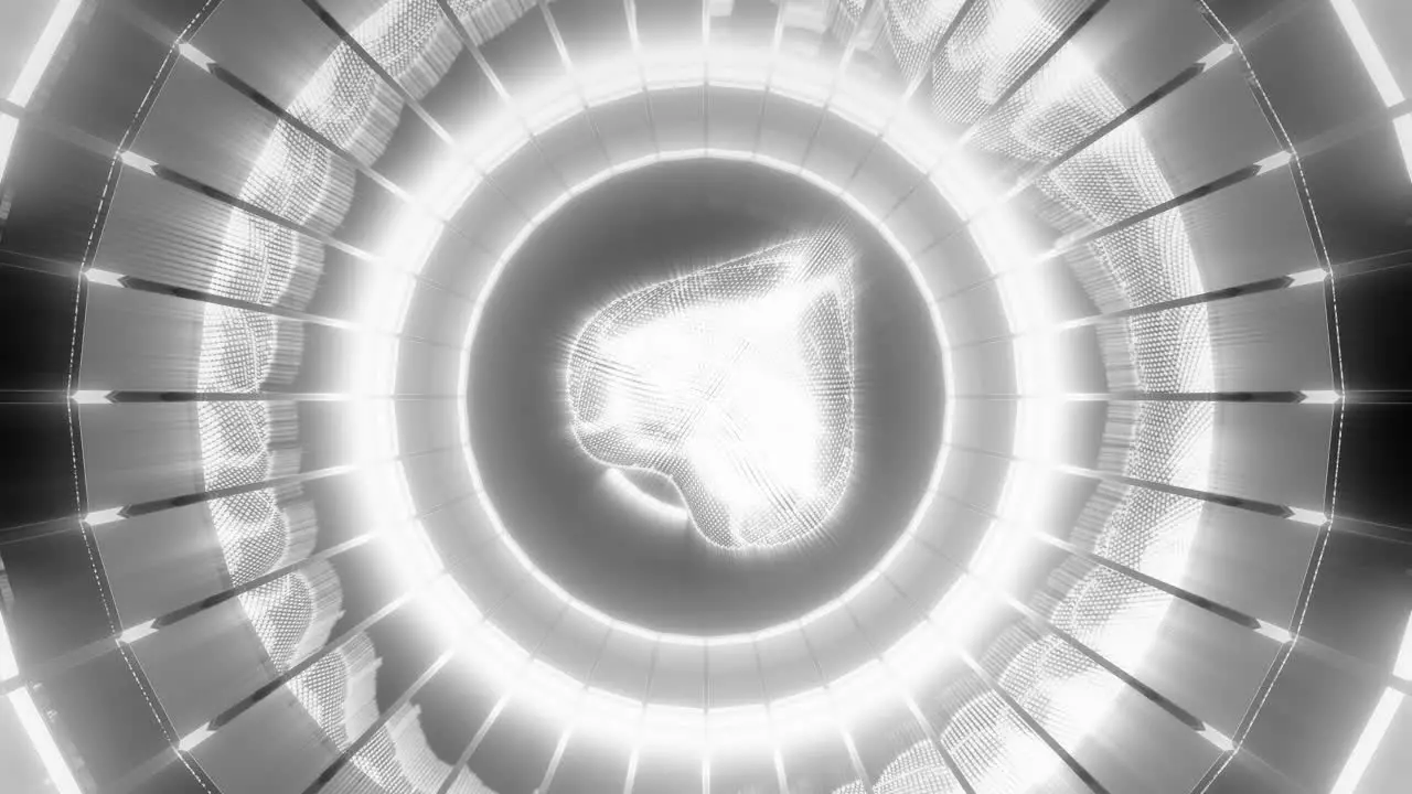 Bright heart rotating in opening circles black and white rendered 3d graphic animation