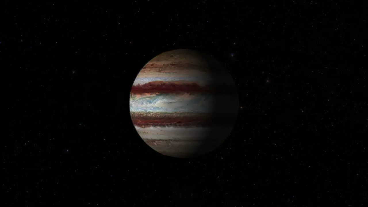 CGI composite planet Jupiter rotating center-wide shot half lit with a starry background