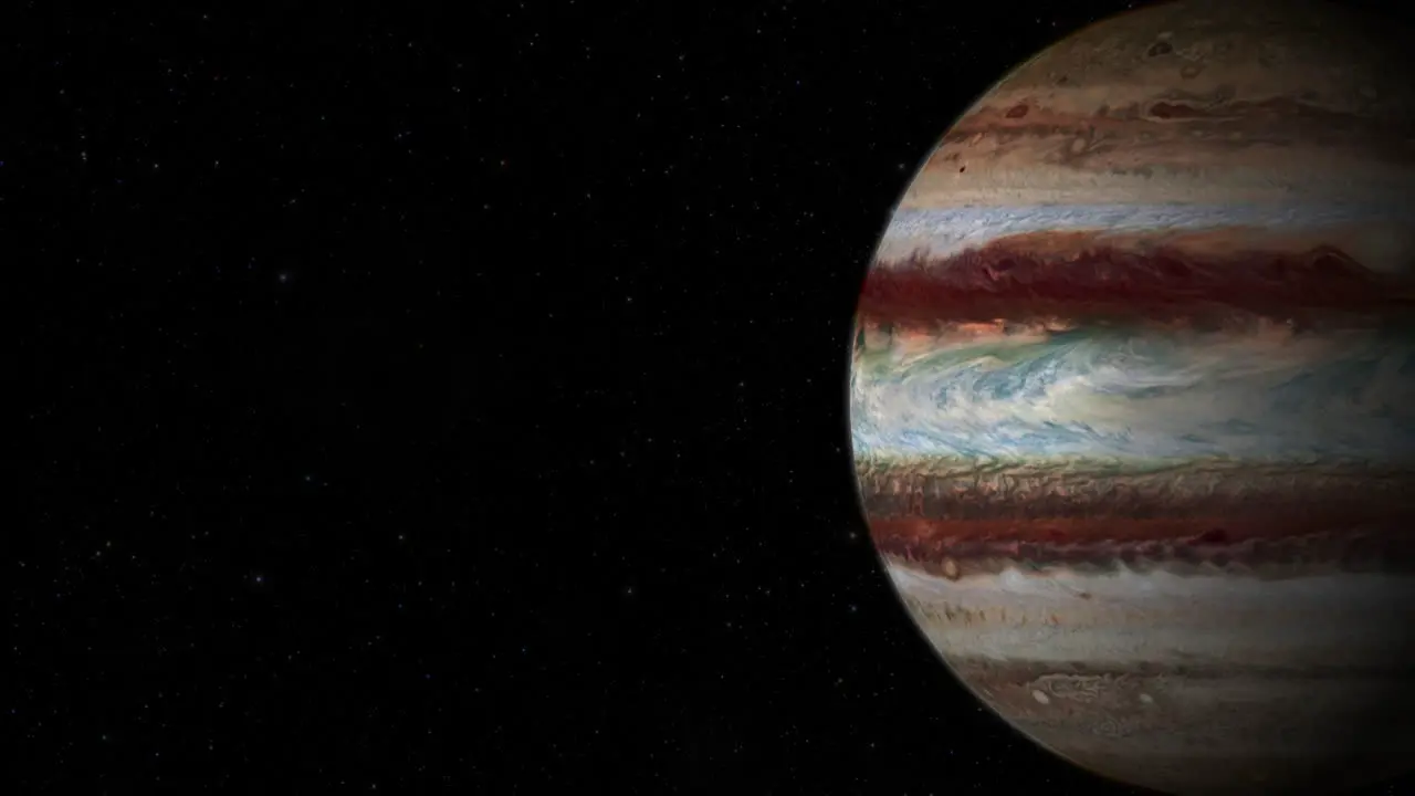 CGI composite planet Jupiter rotating screen-right half lit with a starry background