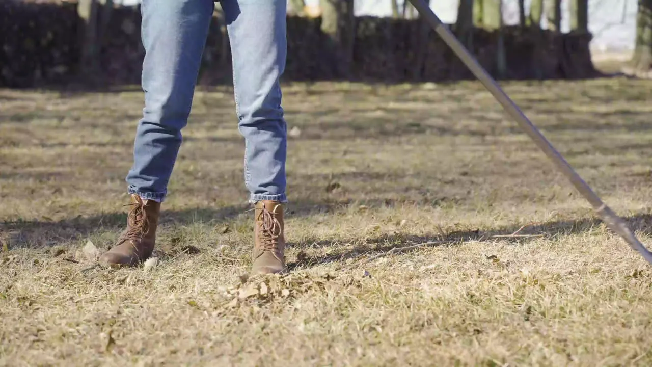 Caucasian woman removing weeds with a rake in the field Her dog walks around her