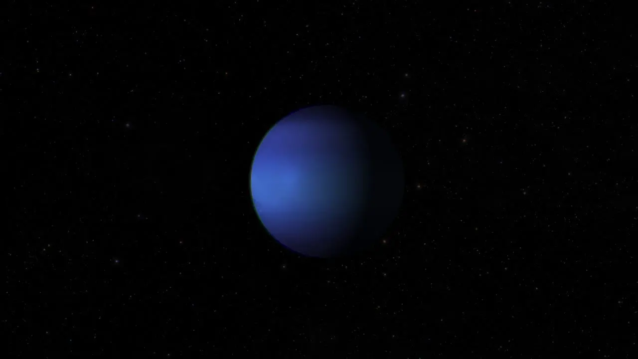 CGI composite planet Neptune rotating center-wide shot half lit with a starry background