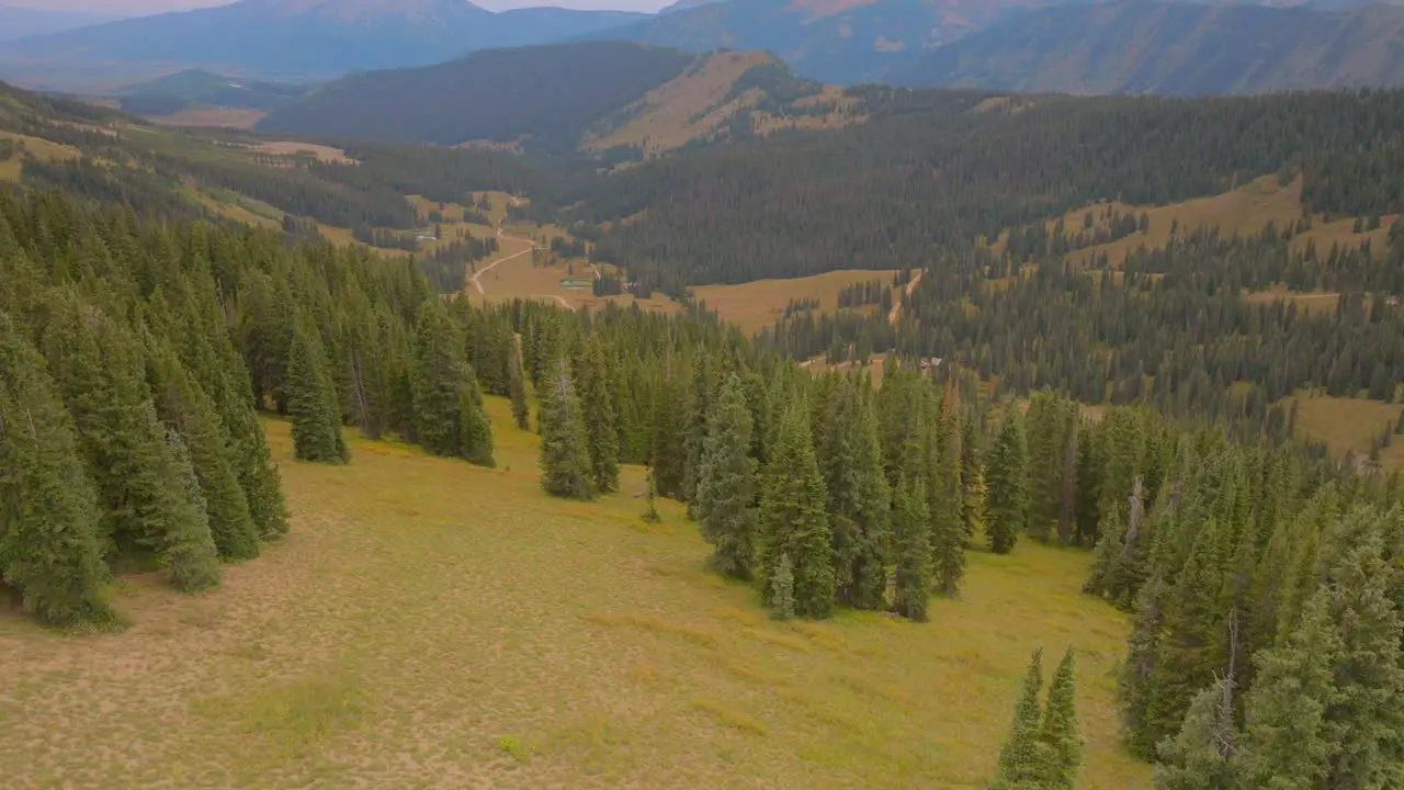 Aerial rise up over trees with mountains on horizon in Crested Butte in the Colorado Rockies