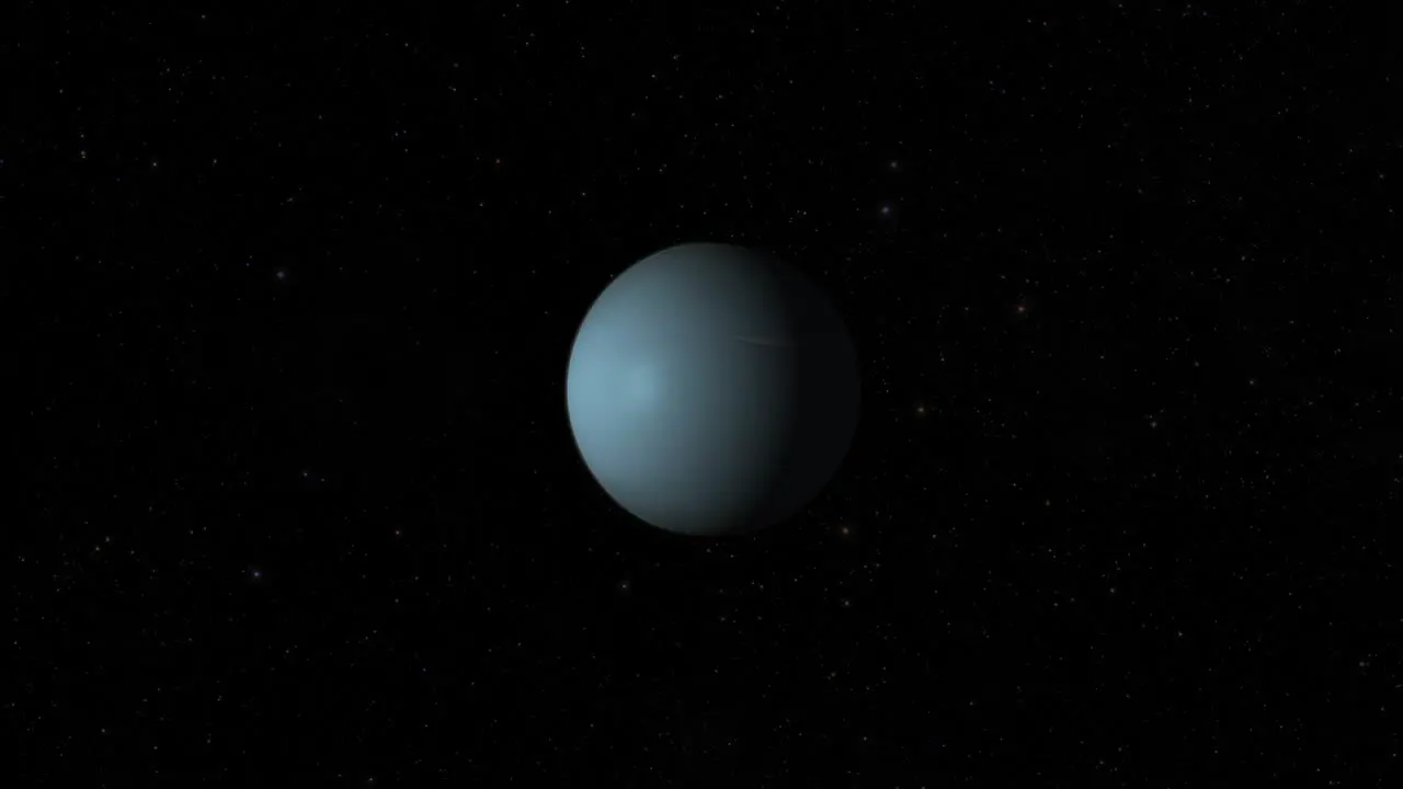 CGI composite planet Uranus rotating center-wide shot half lit with a starry background