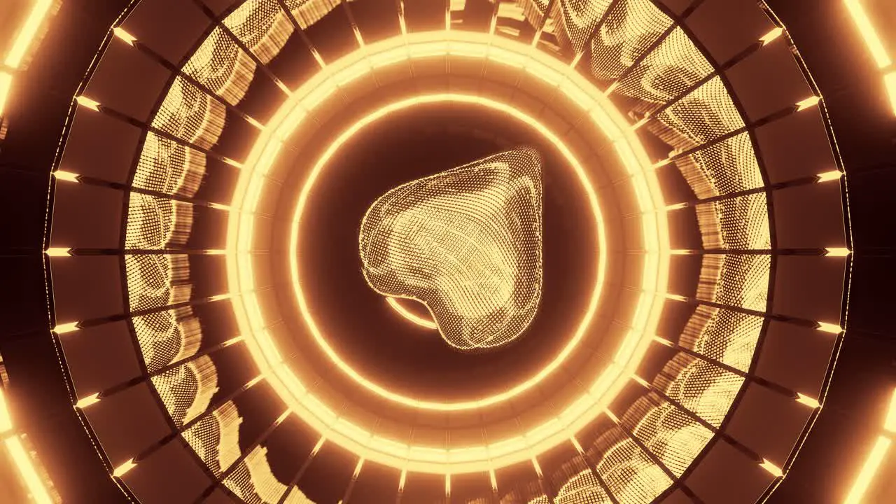 Gold heart rotating in circles opening in iris shape rendered 3d graphic animation