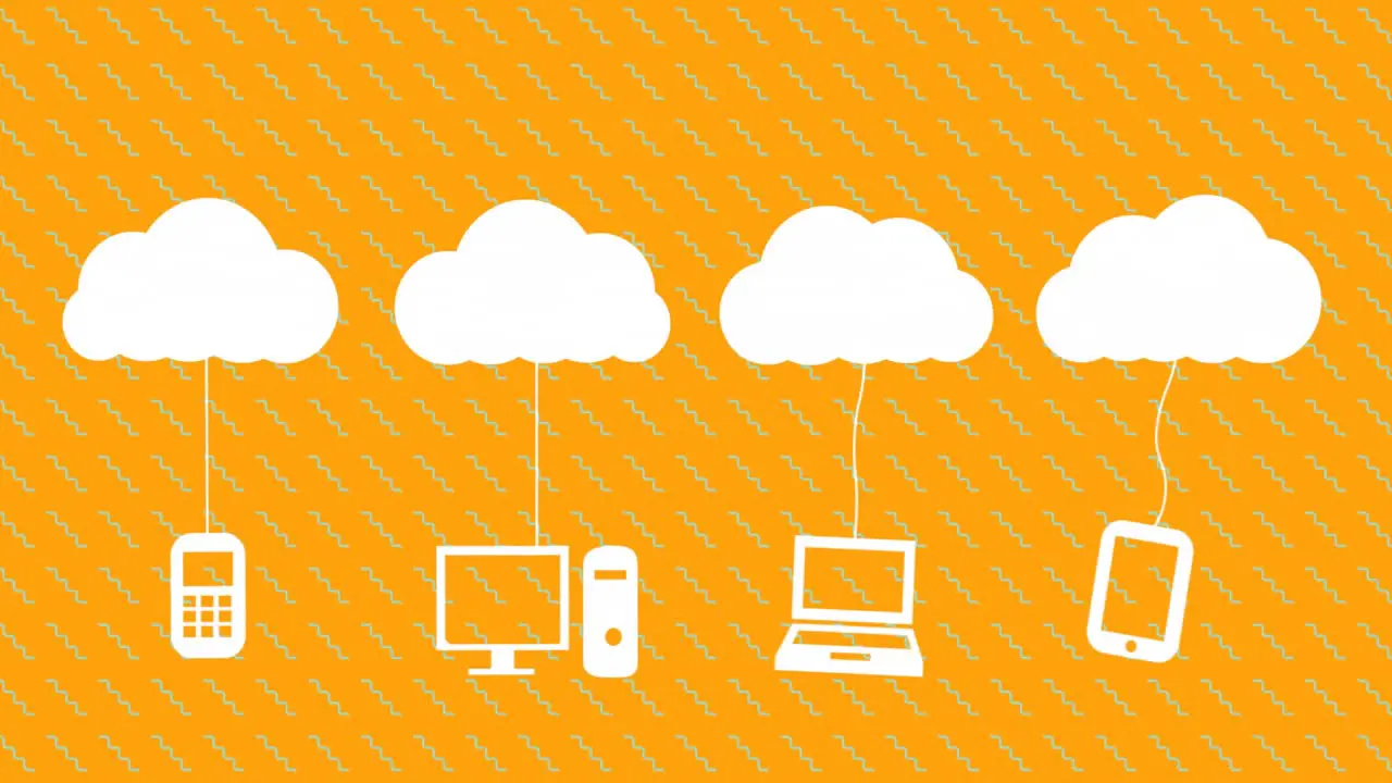 Animation of electronic devices and white clouds on orange background