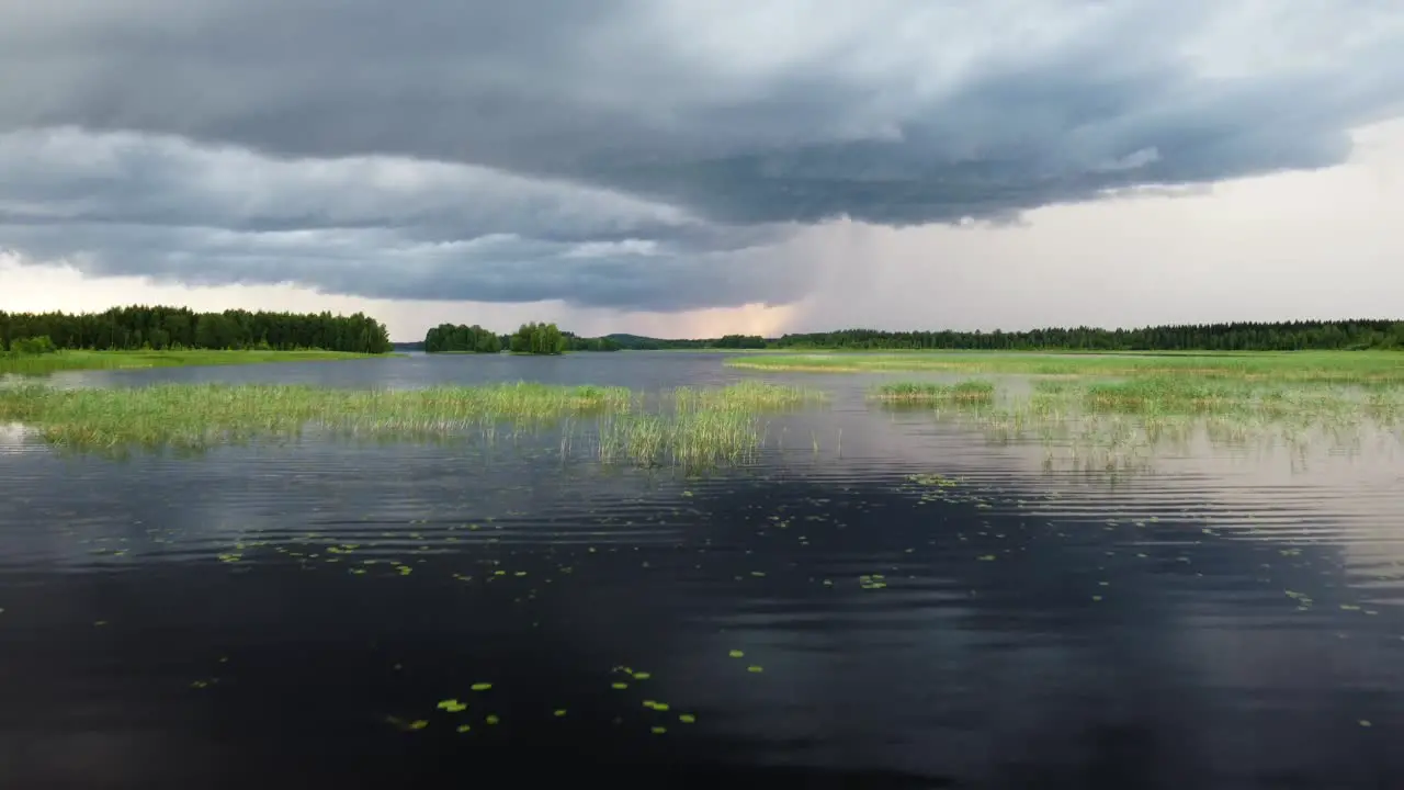 A drone shot made at the Pieni Onkamo lake in Finland on a rainy day