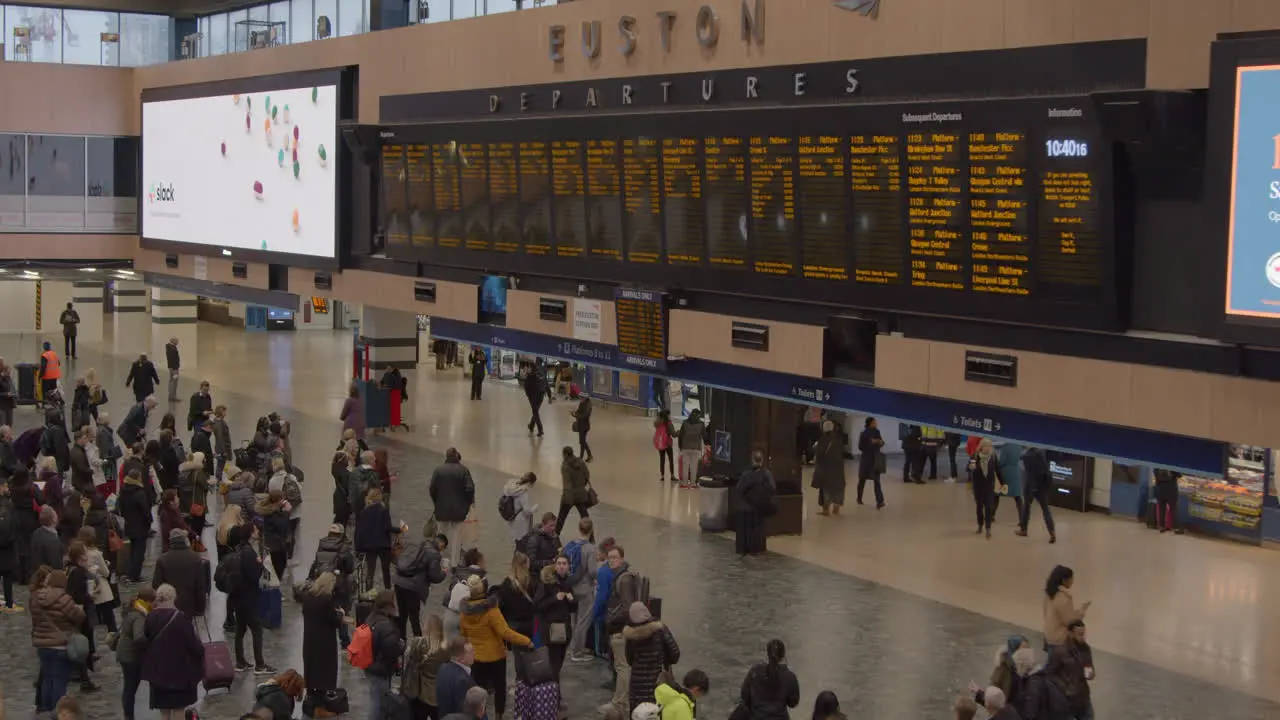 Wide shot of London Euston Station concourse