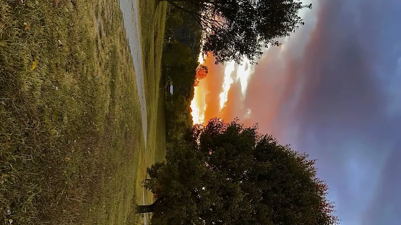 Time-lapse of beautiful Kentucky sunset with a green grass backyard with large luxuriant trees VERTICAL