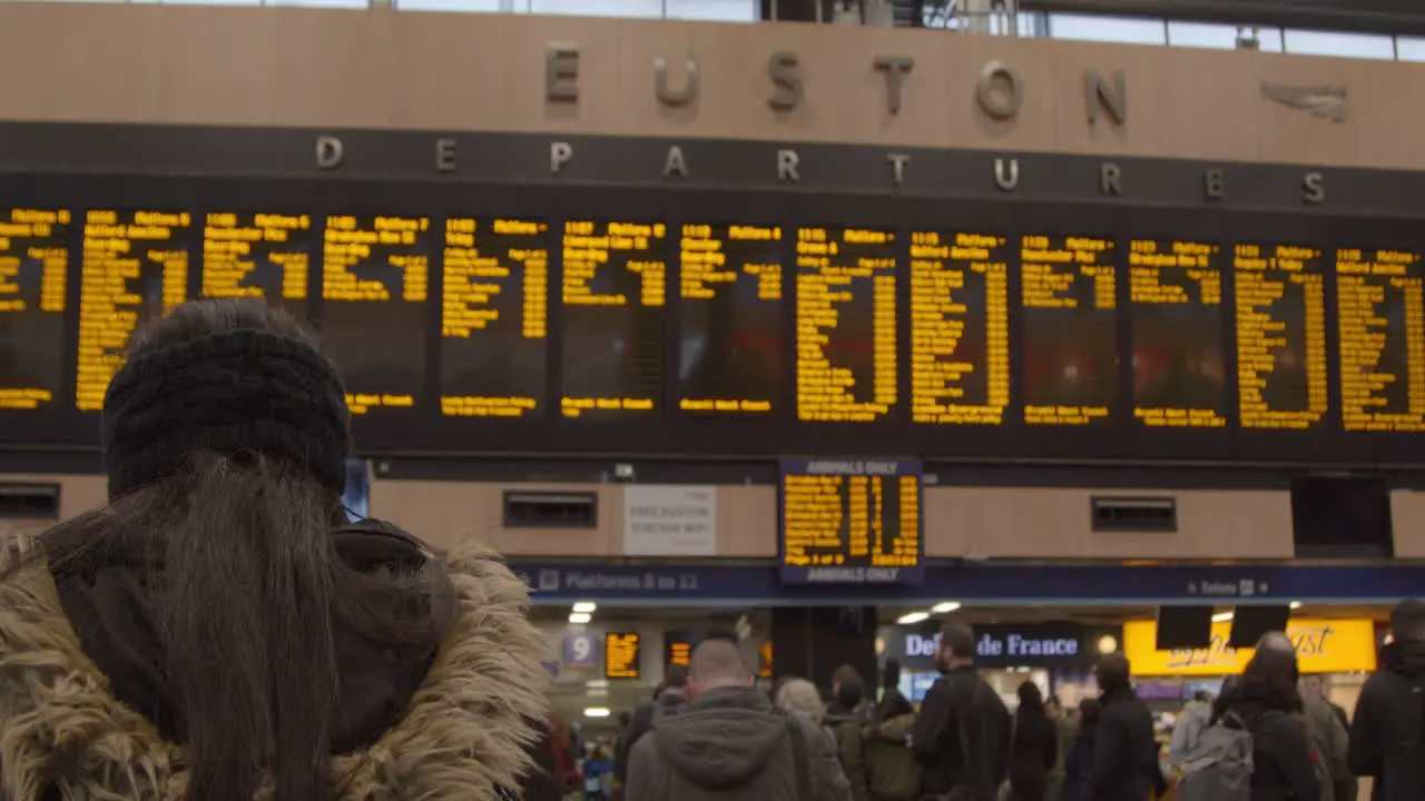 People looking up at train departure board