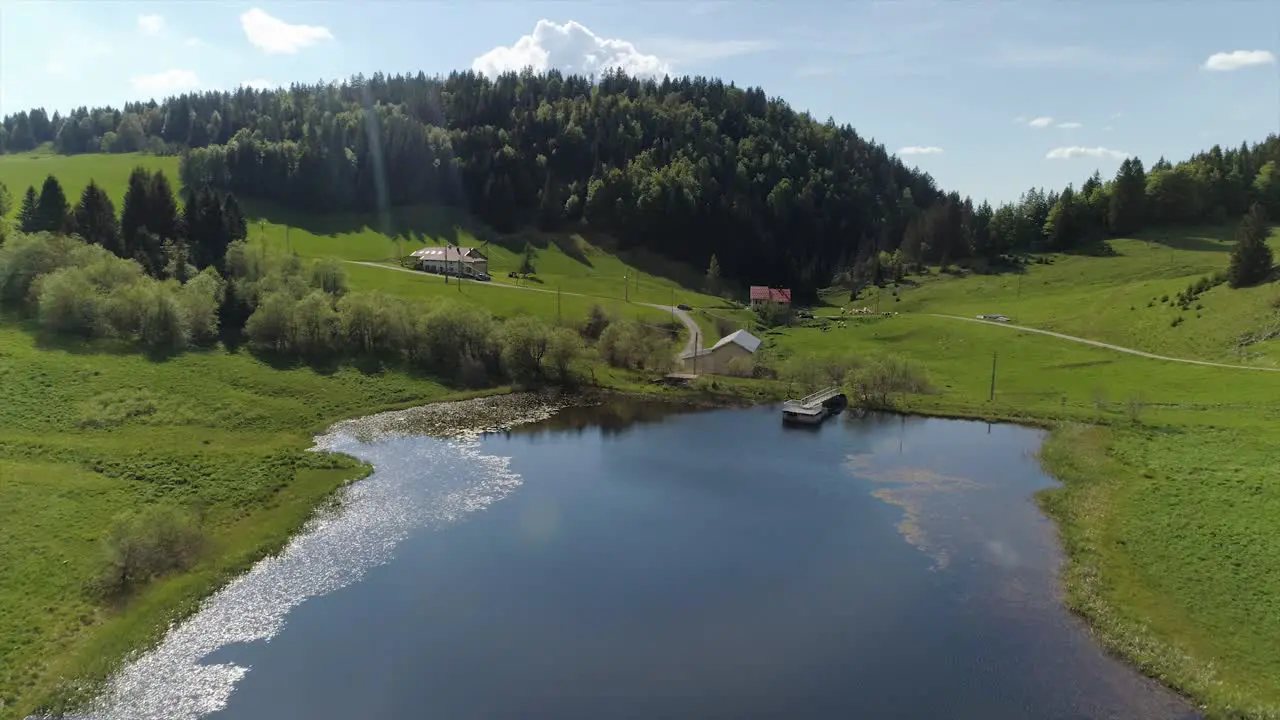 Drone shot of a beautiful mountain lake with sun reflection