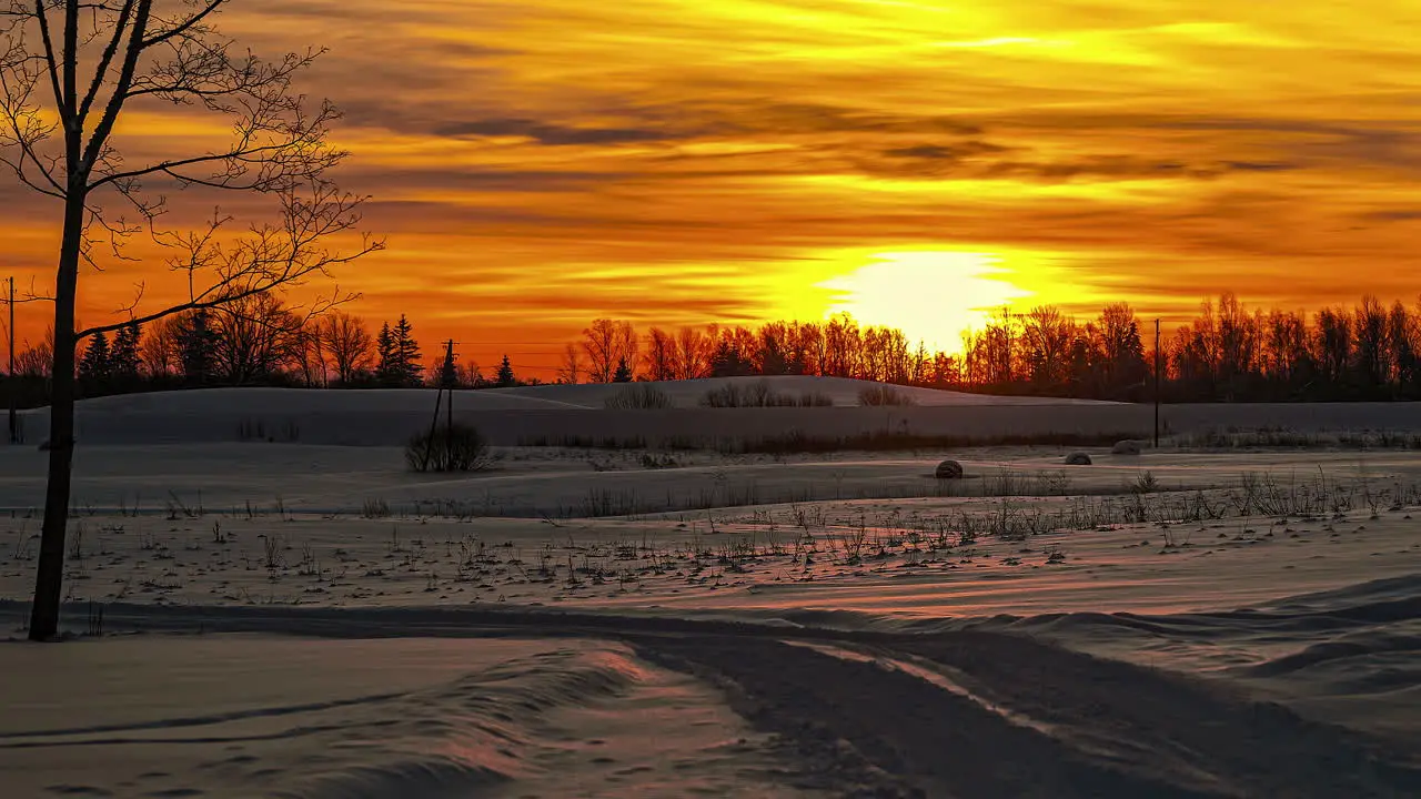 Time Lapse of snowy landscape during sunrise trees silhouette in the distance with golden lights