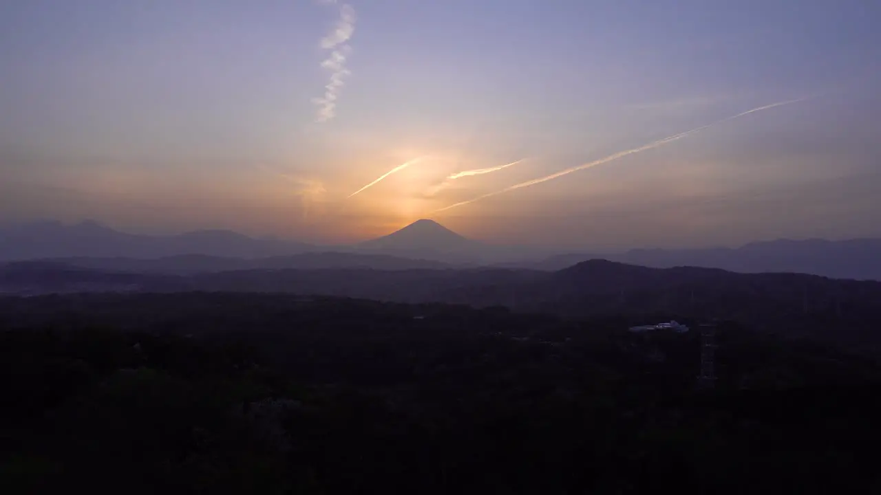 Panoramic view out towards Mount Fuji Silhouette at sunset with beautiful colors