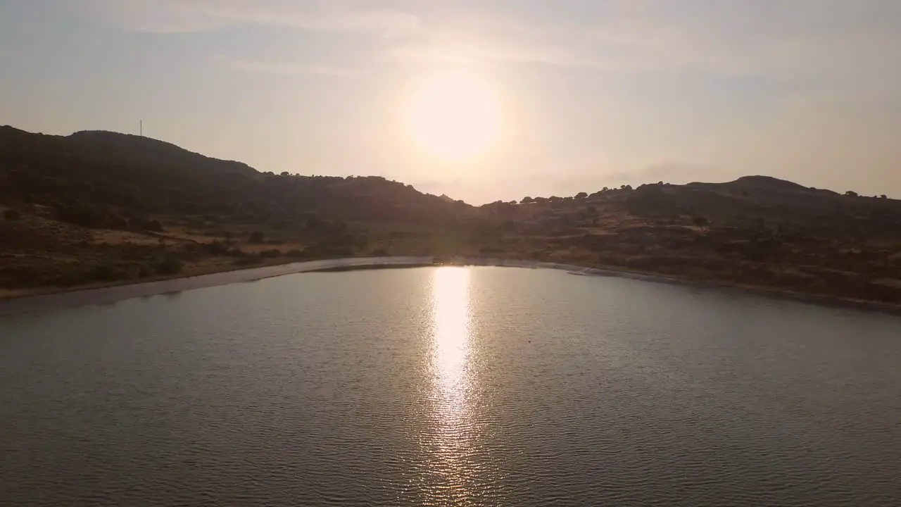 Aerial Manmade lake with a farm with sheep on Lesbos Greece