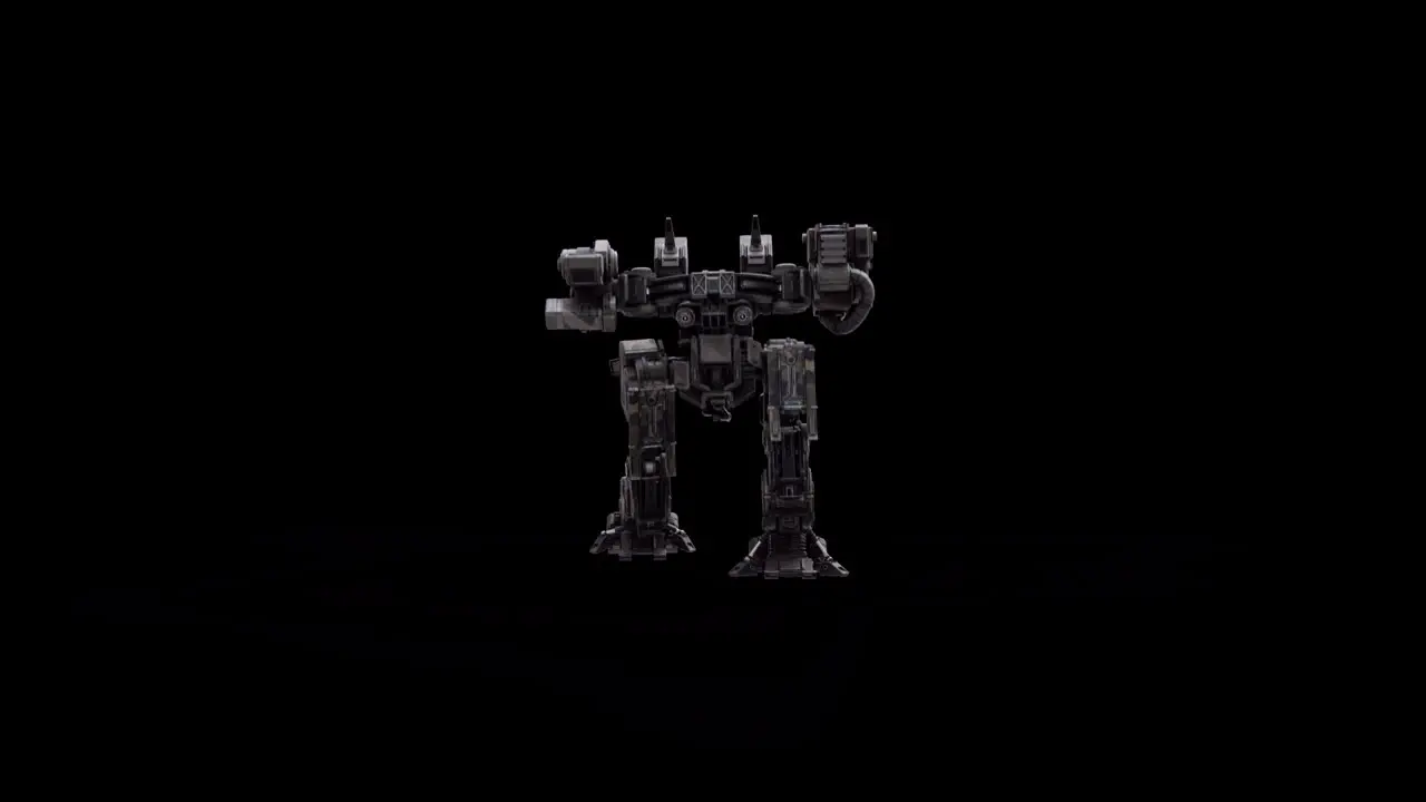 3D model of the robot warrior futuristic machine rendering animation rigged skeletal structure walking backwards back side view overlay with alpha matte channel option SCI-FI concept