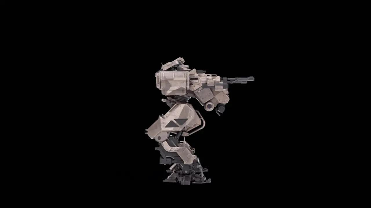 Detailed 3D model of the robot Damage big right view warrior futuristic machine rendering animation rigged skeletal structure overlay for alpha matte channel blending SCI-FI concept