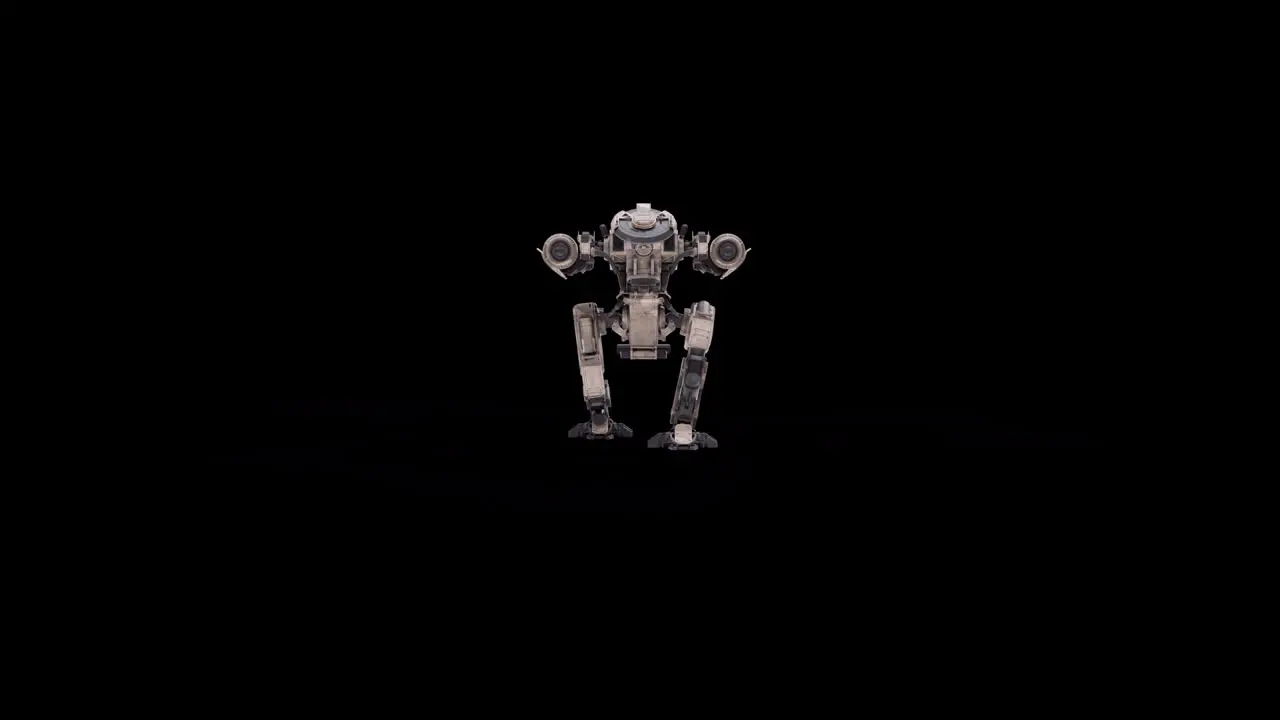 Detailed 3D model of the robot warrior futuristic machine rendering animation rigged skeletal structure walking backwards distancing view overlay with alpha matte channel SCI-FI concept