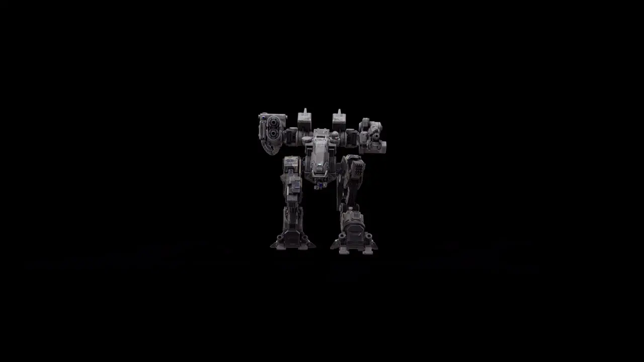 Detailed 3D model of the robot warrior futuristic machine animation rigged skeletal structure walking backwards dark background overlay video for alpha channel matte blending SCI-FI concept