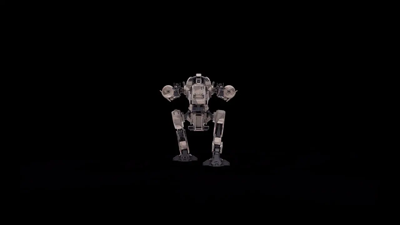 3D model of the robot warrior futuristic machine rendering animation rigged skeletal structure walking front side view overlay with alpha matte channel option SCI-FI concept