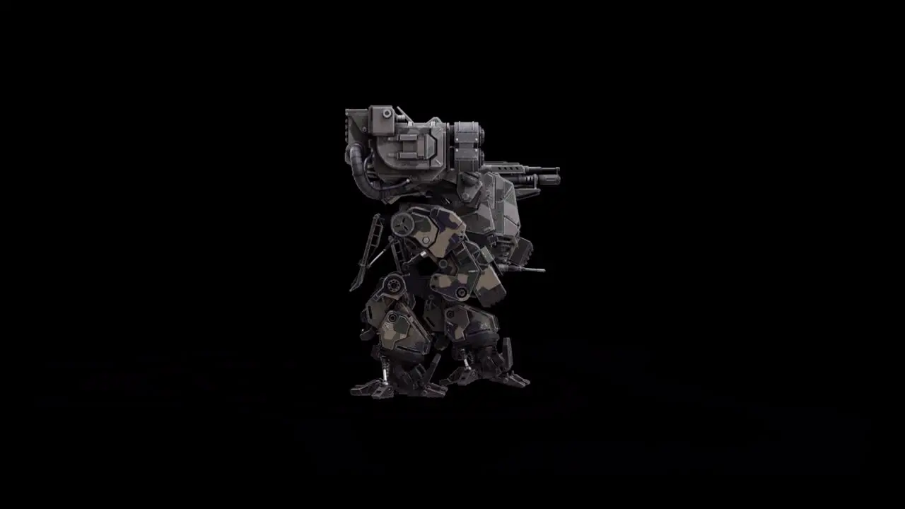 Detailed 3D model of the robot warrior futuristic machine rendering animation walking left to right side view dark background overlay video for alpha matte blending SCI-FI footage concept