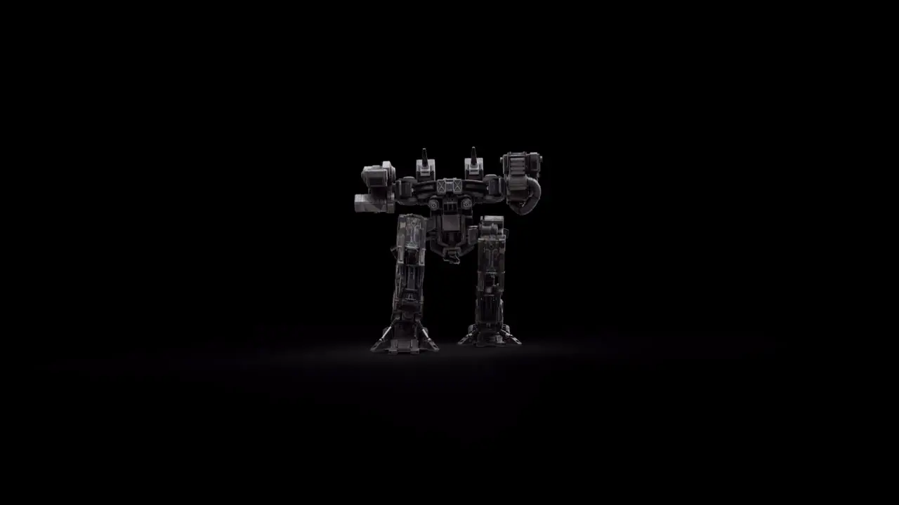 3D model of the robot warrior futuristic machine rendering animation rigged skeletal structure walking backwards back side view overlay with alpha matte channel SCI-FI concept