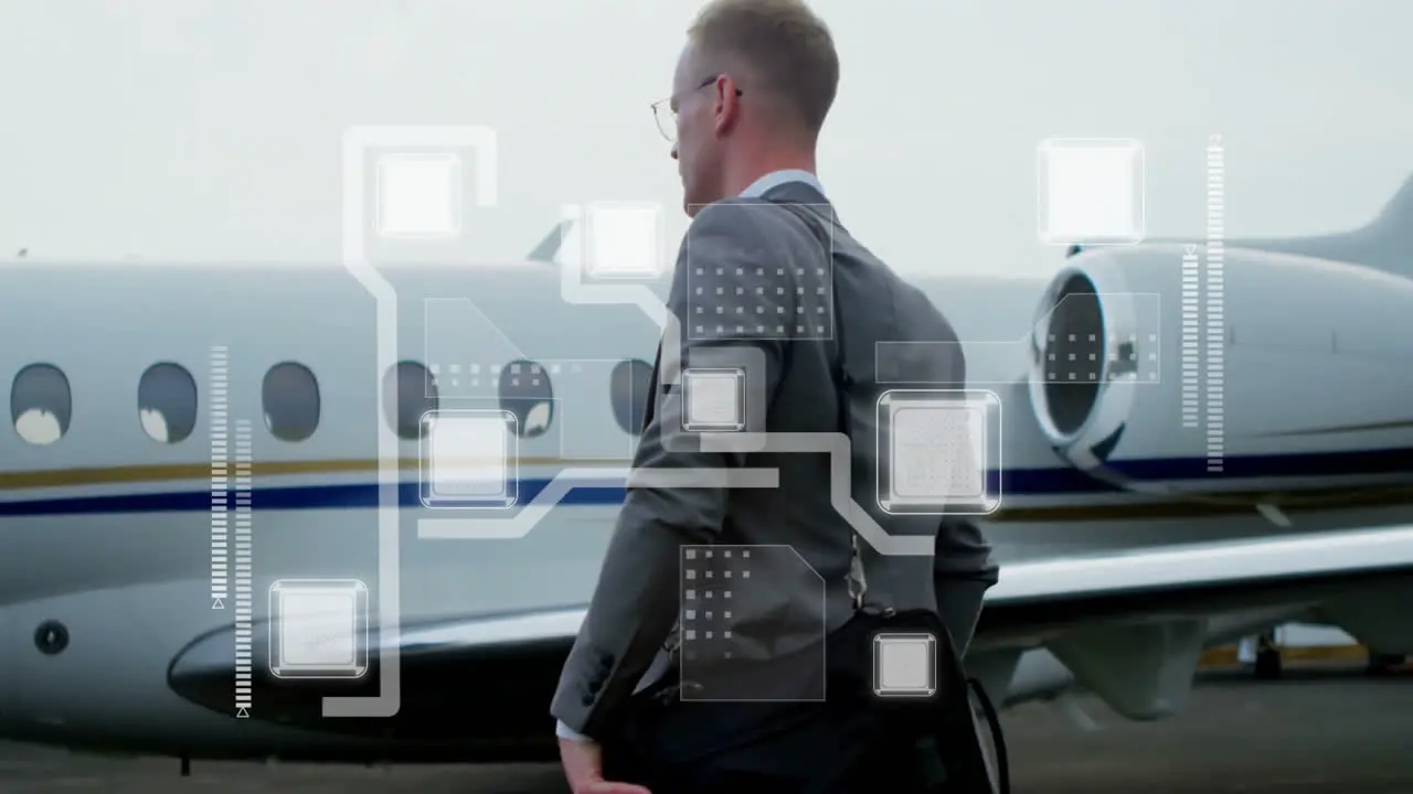 Animation of shapes moving over caucasian businessman at airport