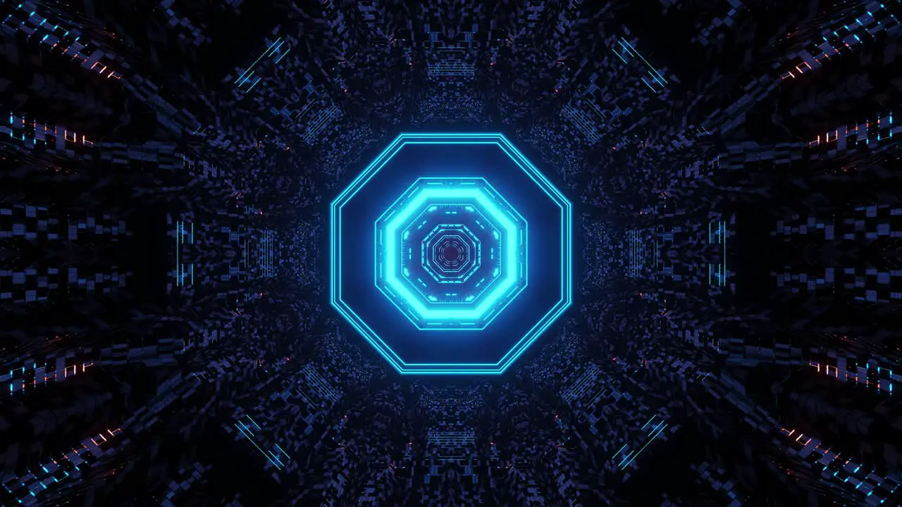 Motion graphics of hollow dark space emitting cyan and blue octagon shapes from center