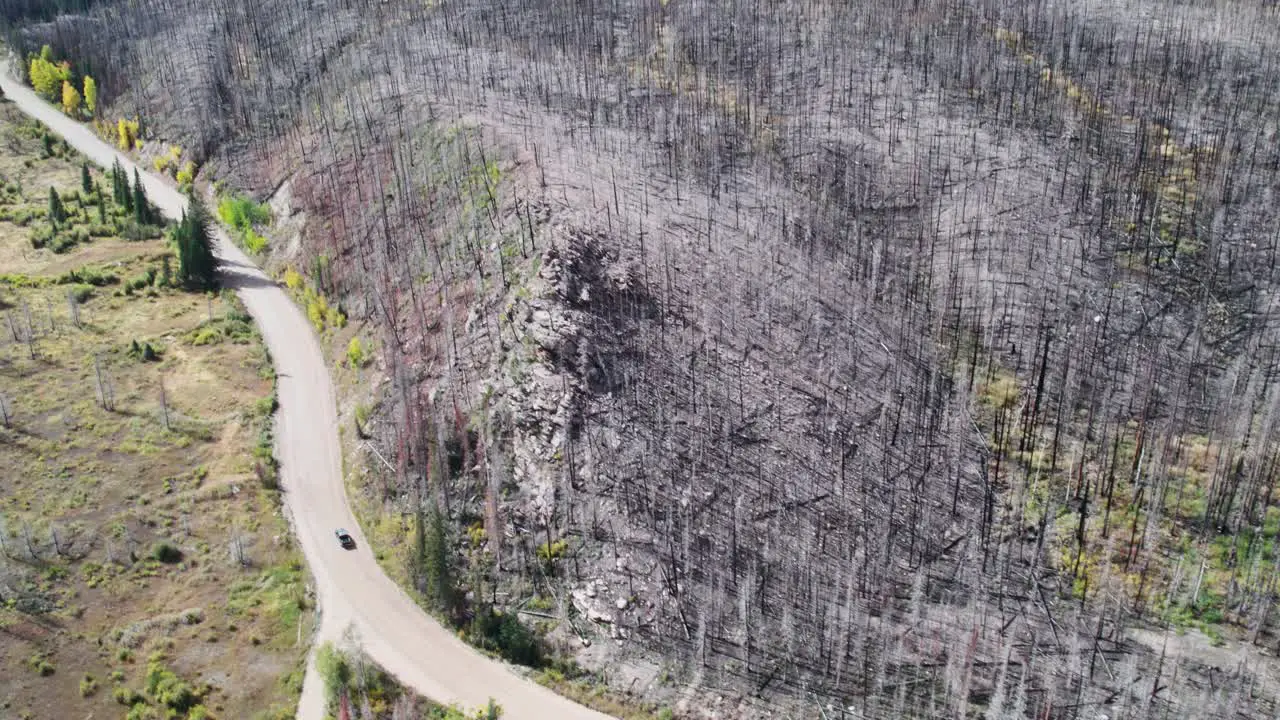 Aerial view of a truck driving down a dirt road next to a completely burned forest at the base of a mountain in Colorado